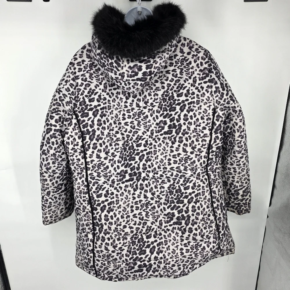 INTL DETAILS Leopard Puffer Coat Womens 1X Black Faux Fur Hood Winter Jacket - Picture 7 of 9